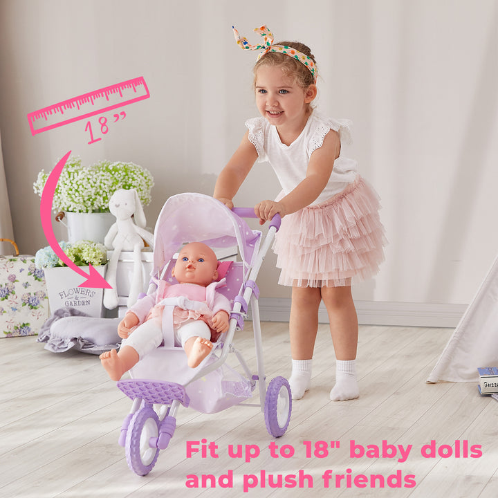 A little girl in a pink tutu pushing a doll in the purple and white jogging stroller with the caption "Fit up to 18" baby dolls and plush friends."