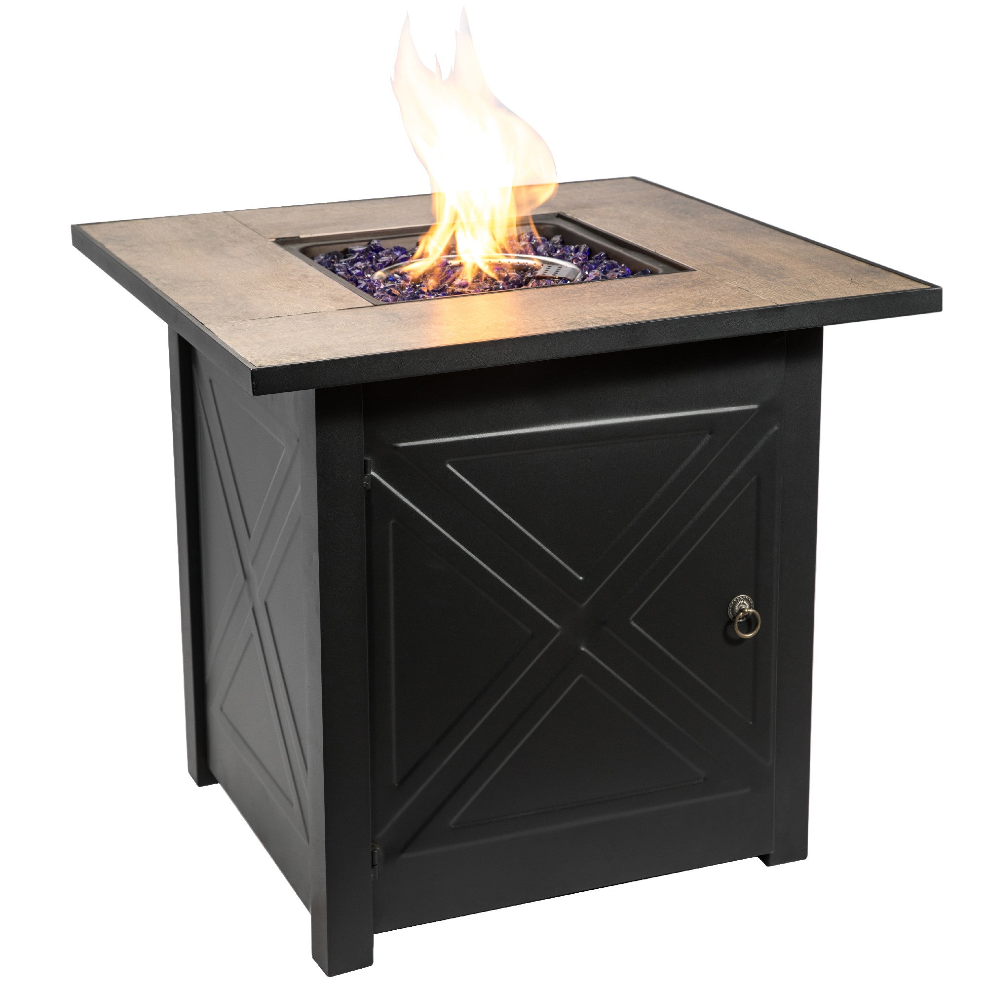 Teamson Home Outdoor Square 30" Propane Ceramic Gas Fire Pit with Steel Base, Black/Stone