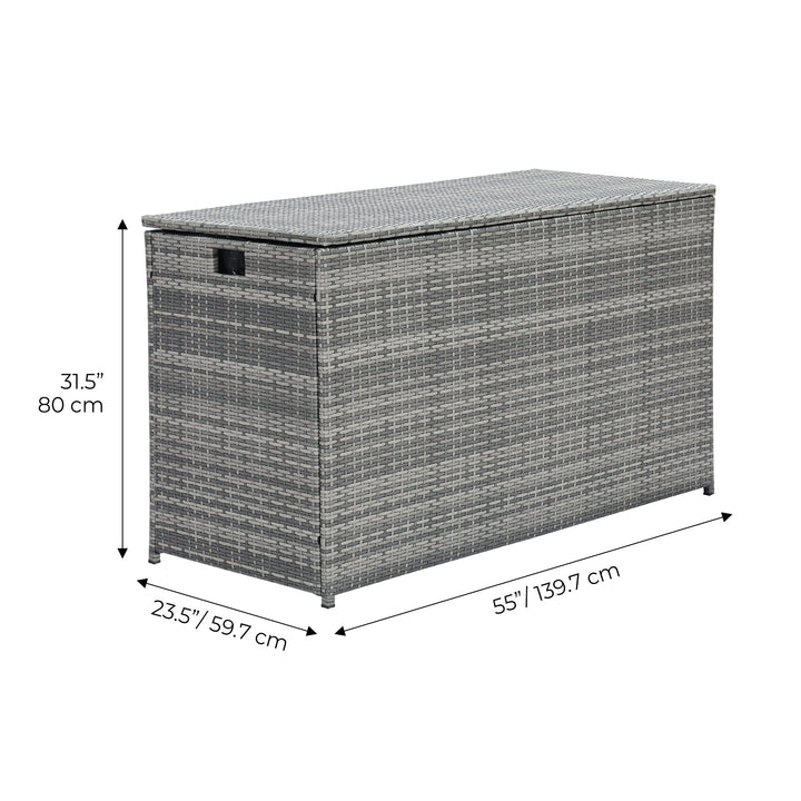 Teamson Home Gray PE Rattan 154-Gallon Outdoor Deck Box with dimensions in centimeters and inches