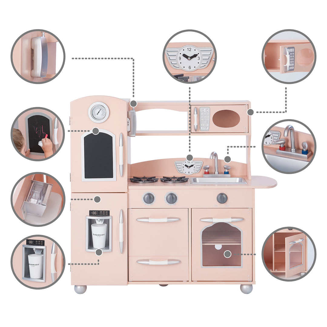 Exploded view illustration of a Teamson Kids Little Chef Westchester Retro Play Kitchen, Pink with accessories, interactive features, and a toy telephone highlighted.