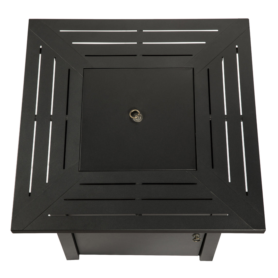 Teamson Home Outdoor Square 30" Propane Gas Fire Pit with Steel Base with a center lid over the fire pit for a tabletop