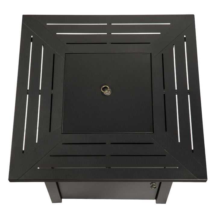 Teamson Home Outdoor Square 30" Propane Gas Fire Pit with Steel Base with a center lid over the fire pit for a tabletop