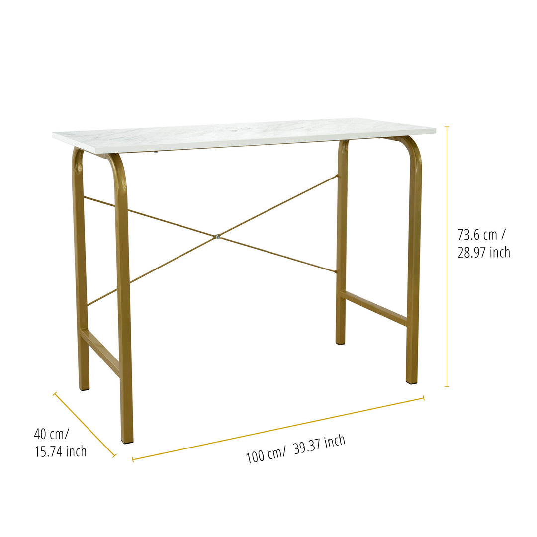 Dimensions in inches and centimeters of the Teamson Home's 40" Computer Desk with a Faux White Marble desktop/Brass frame