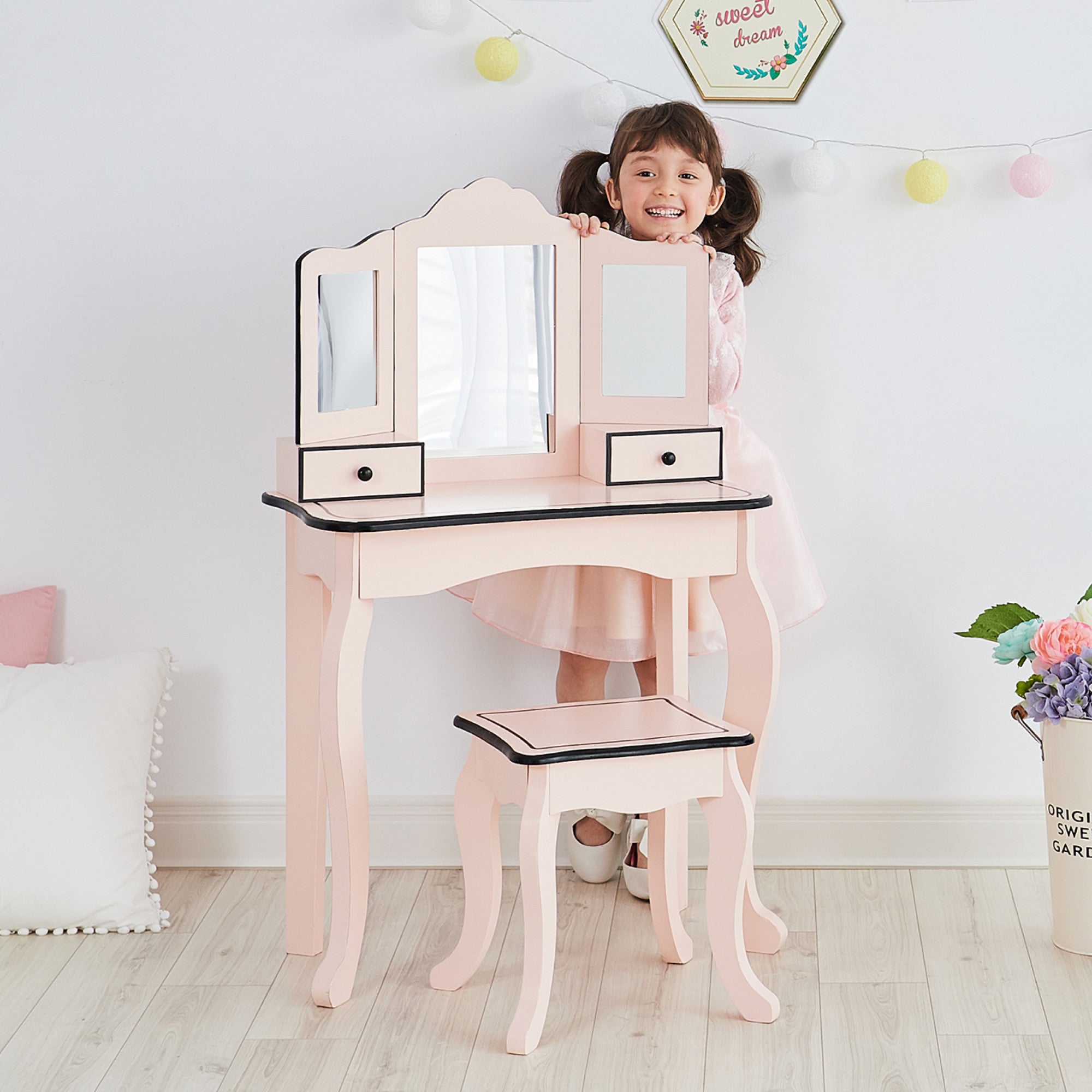 Fantasy Fields Kids Little Lady Adriana Vanity Set with Tri-Fold Mirror and Chair, Pink/Black