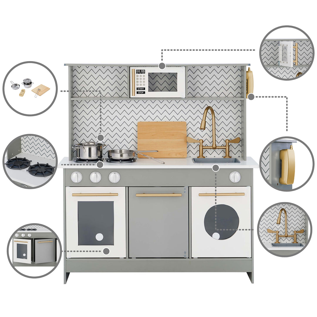 Illustration of the Teamson Kids Little Chef Berlin Modern Play Kitchen with 6 Accessories, Gray/White, with detailed features, storage space, and interactive accessories.