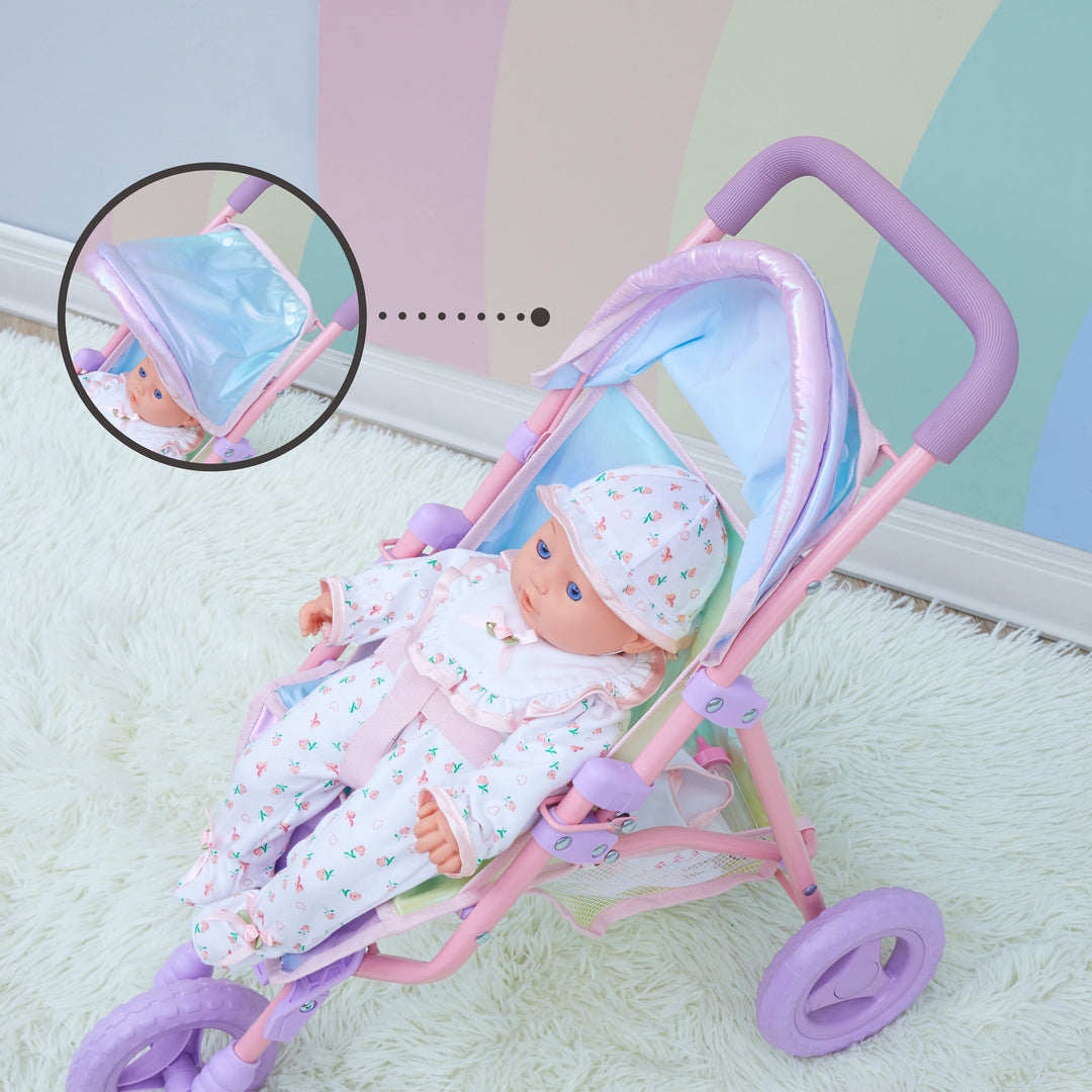 A call-out of the retractable canopy of an iridescent baby doll jogging stroller.