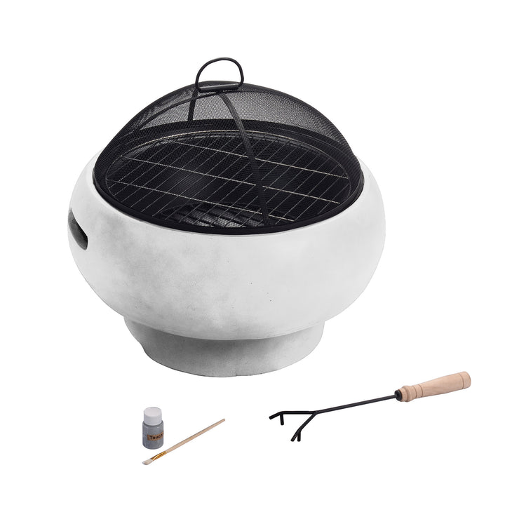 A versatile modern Teamson Home 21" Outdoor Round Stone Wood Burning Fire Pit with Faux Concrete Base, Gray with a mesh cover, fire poker, and lighter isolated on a white background.