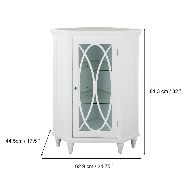 Dimensions in centimeters and inches of a White Teamson Home Florence Corner Floor Cabinet with lattice-designed glass panel door