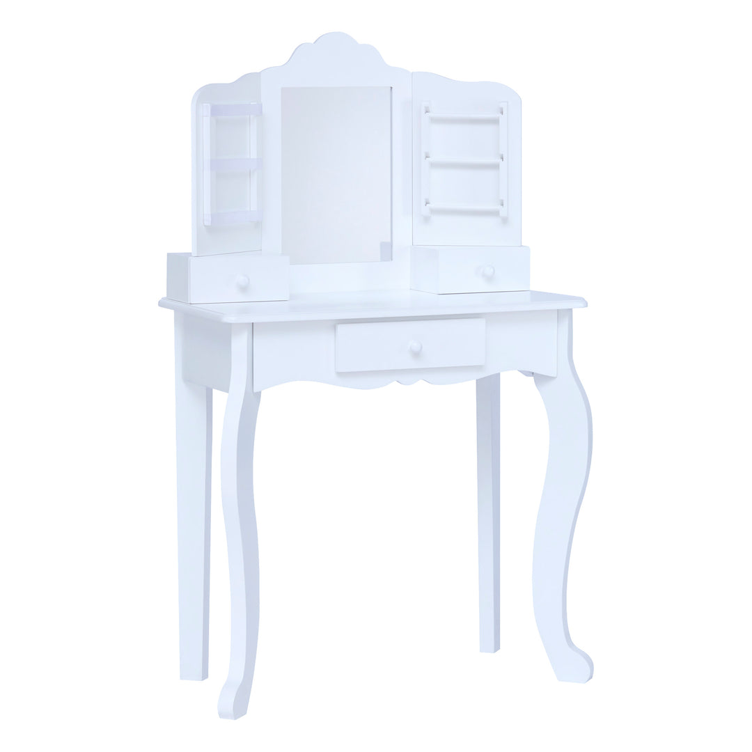 A Fantasy Fields Little Princess Anna Vanity Set with Mirror, Drawers, Jewelry Storage, and Stool in white.