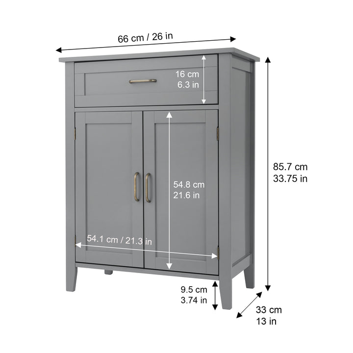 Dimensions in inches and centimeters of the gray Mercer floor cabinet