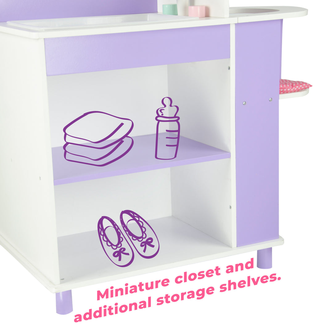 An infographic of the purple and white shelves with icons of a bottle, blankets, and shoes with the caption "Miniature closet and additional storage shelves."