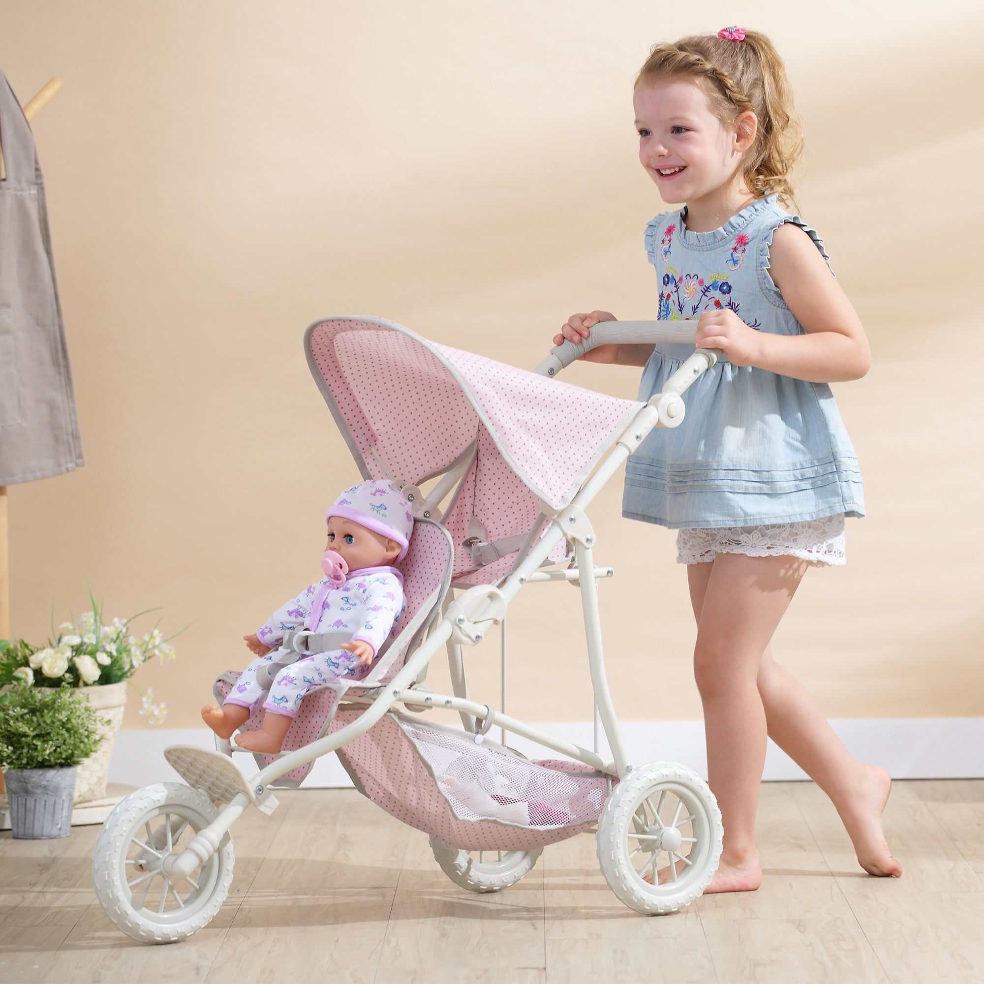 Olivia's Little World Polka Dots Princess Double Jogging Stroller for Dolls, Pink