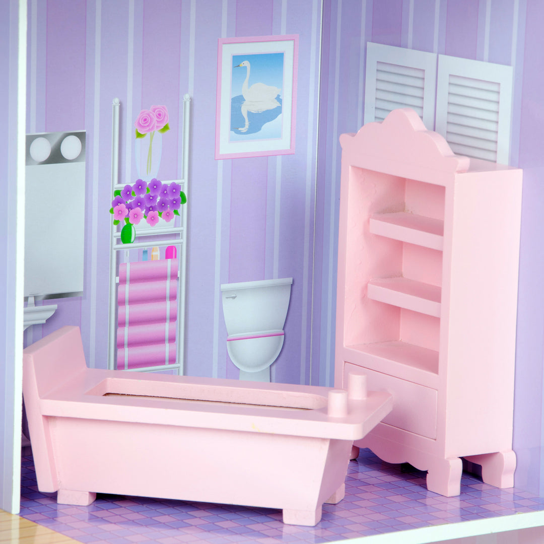 A purple bathroom with a pink bathtub and cabinet.