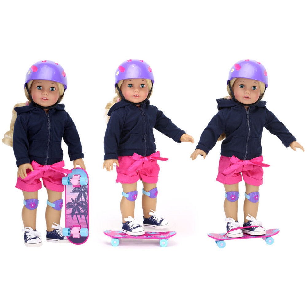 An 18" blonde in three different poses with her skateboard, helmet and knee pads.