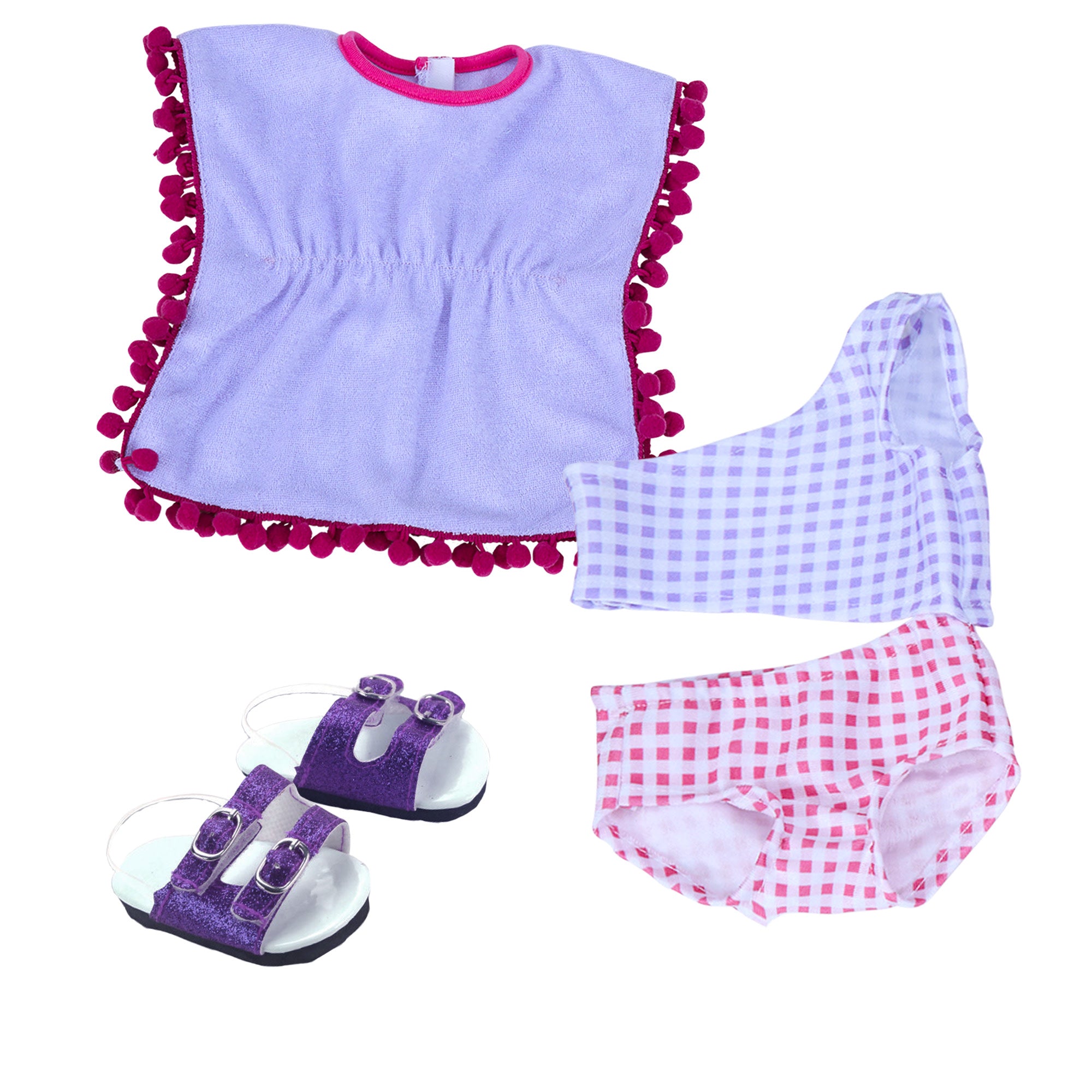 Sophia's 3 Piece Swim Set with Cut-Out Bathing Suit, Cover Up and Sandals for 18" Dolls, Pink/Purple