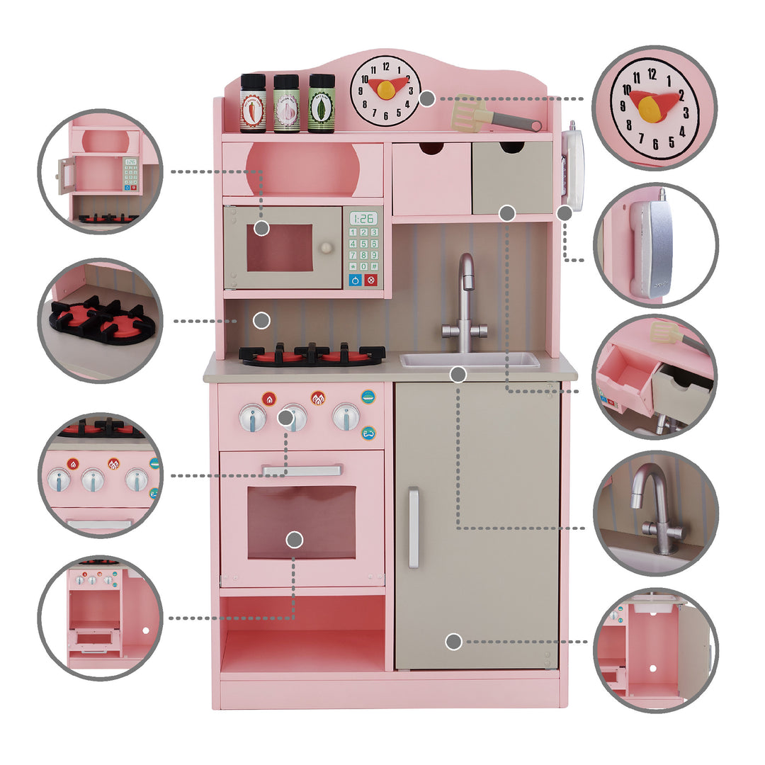 Teamson Kids Little Chef Florence Classic Play Kitchen, Pink/Gray with detailed features and close-up insets.