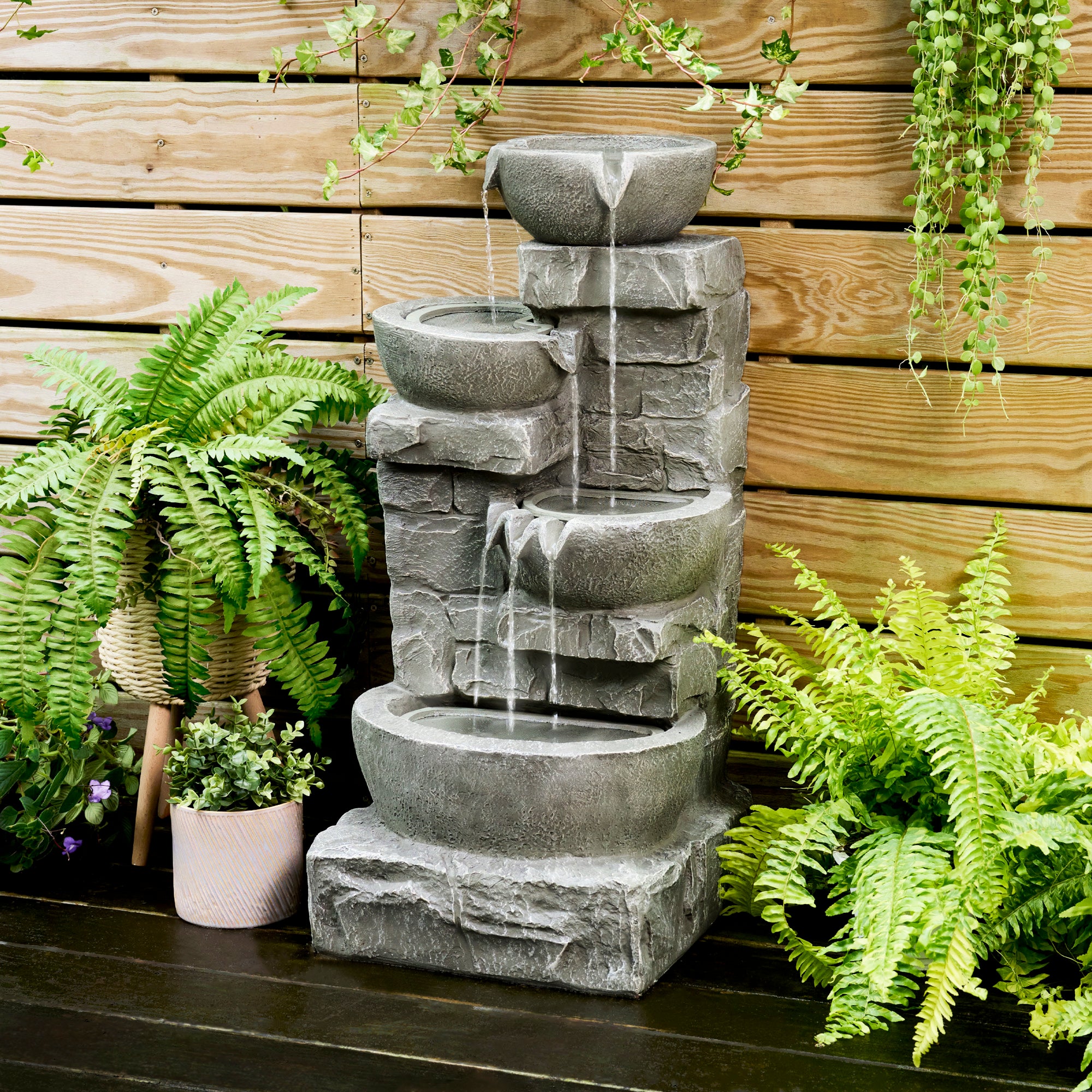 Teamson Home Outdoor Cascading Bowls & Stacked Stone Waterfall Fountain with Built-In LED Lights, Includes Water Pump, Gray