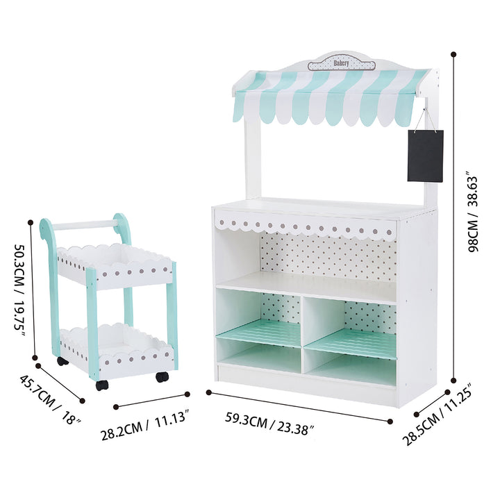 Children's Teamson Kids My Dream Bakery Shop, Treat Stand and Dessert Cart, White/Blue with pretend food and measurements.