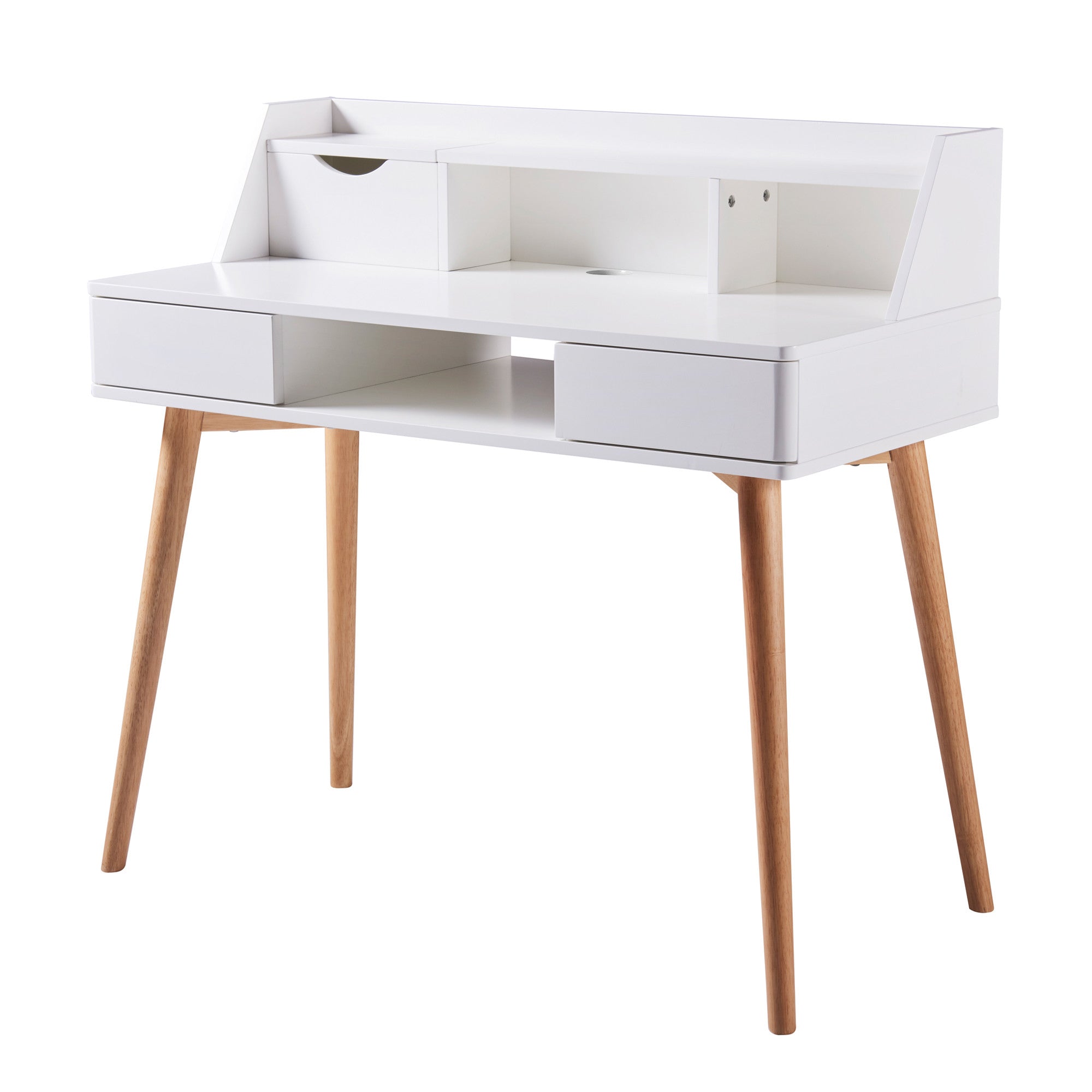Small compact white and natural writing desk. Top of the desk has a hutch with storage.