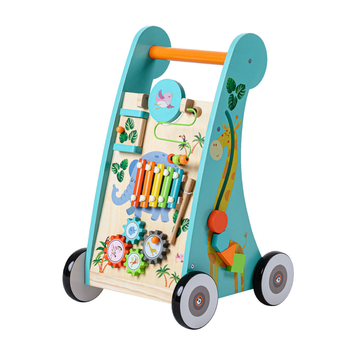 Colorful Teamson Kids Preschool Play Lab Wooden Baby Walker and Activity Station with durable construction featuring animal illustrations and interactive toys on the activity set.