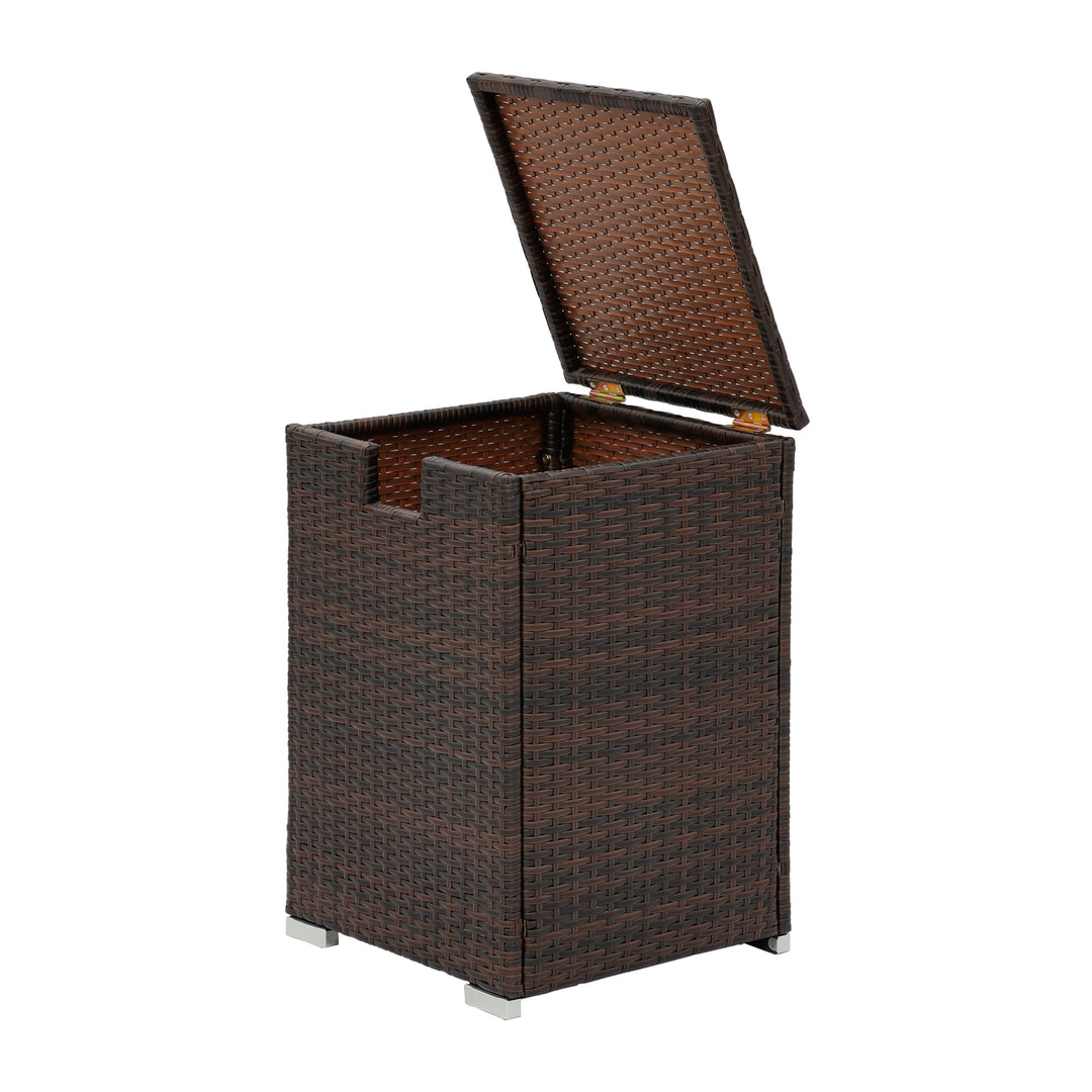 Teamson Home Gas Tank PE Rattan Cover Table for 20 lb Propane Tanks, Brown with lid open.