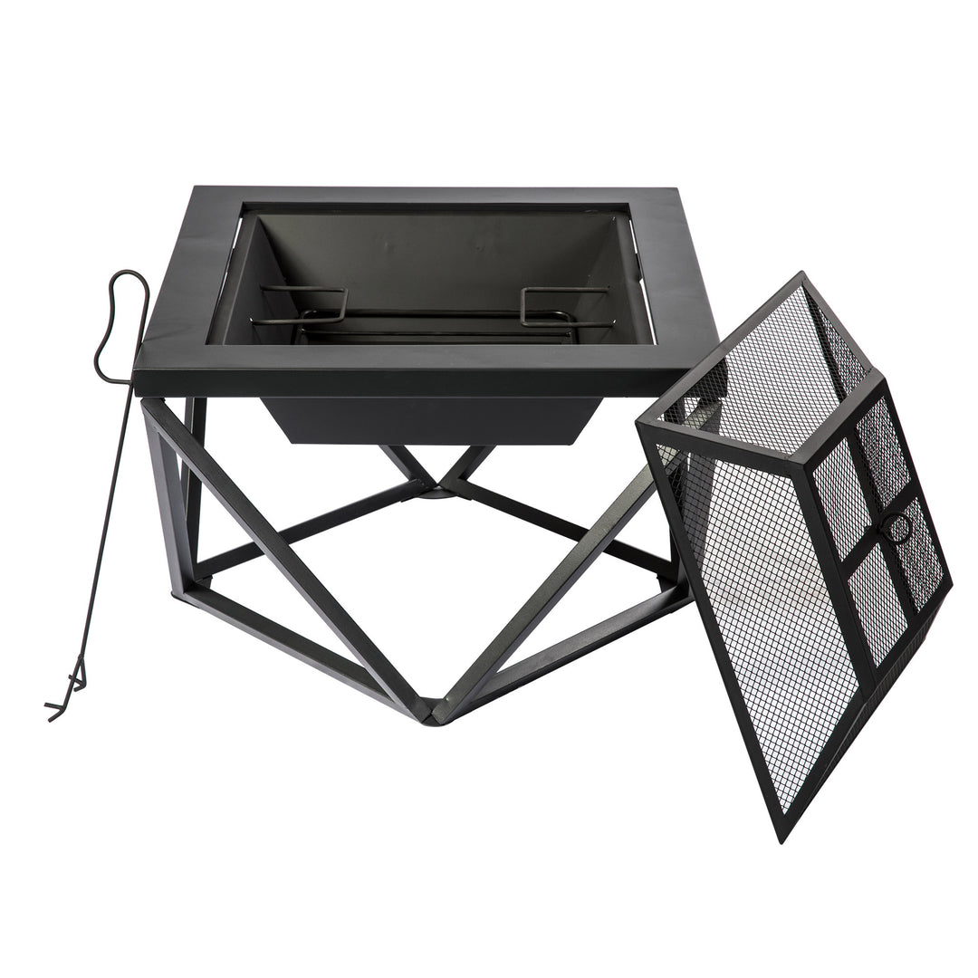 The Teamson Home Outdoor 24" Wood Burning Fire Pit with Tabletop and Decorative Base, Black with a poker and metal mesh spark screen