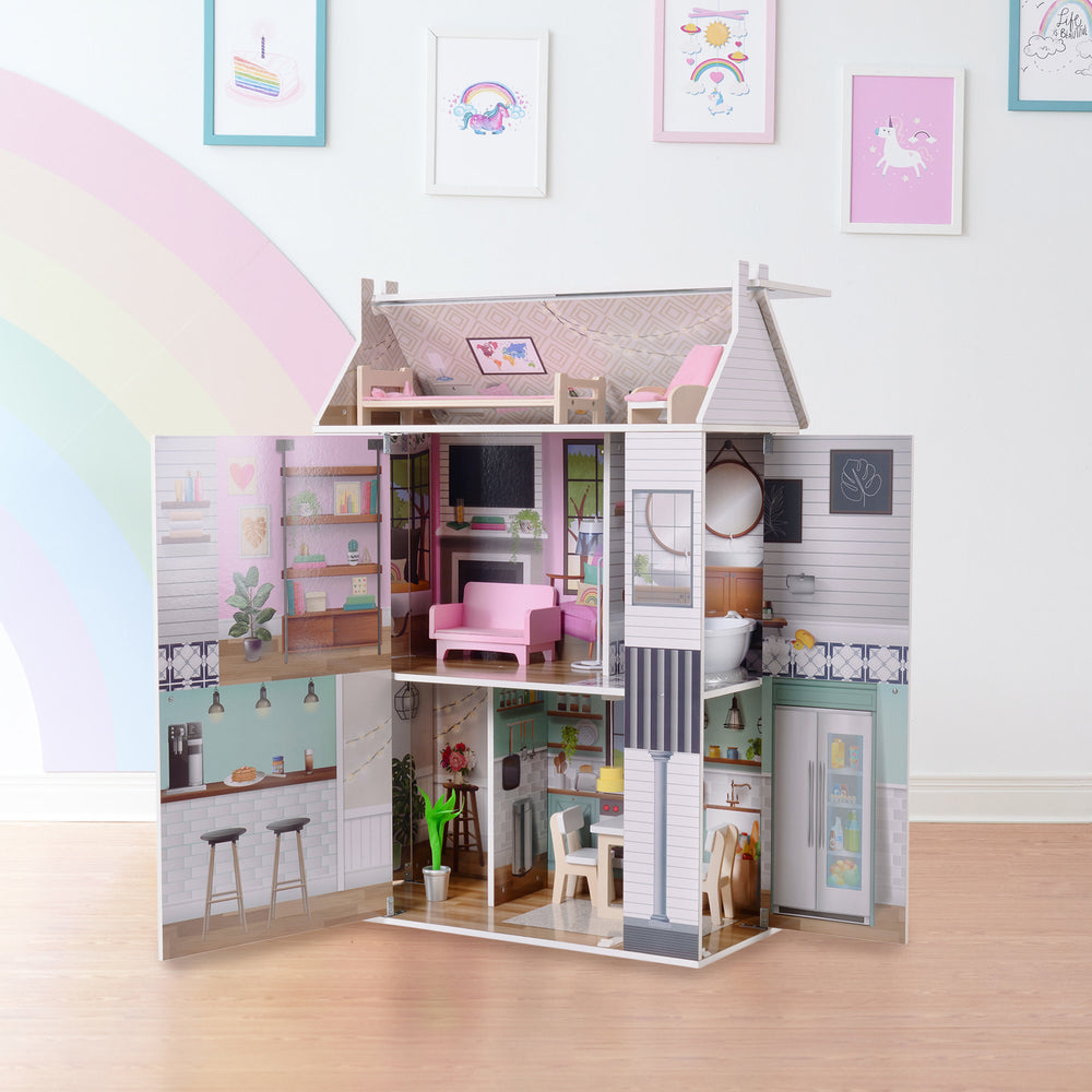 3-story dollhouse with sides open, fully illustrated, and furnishings.