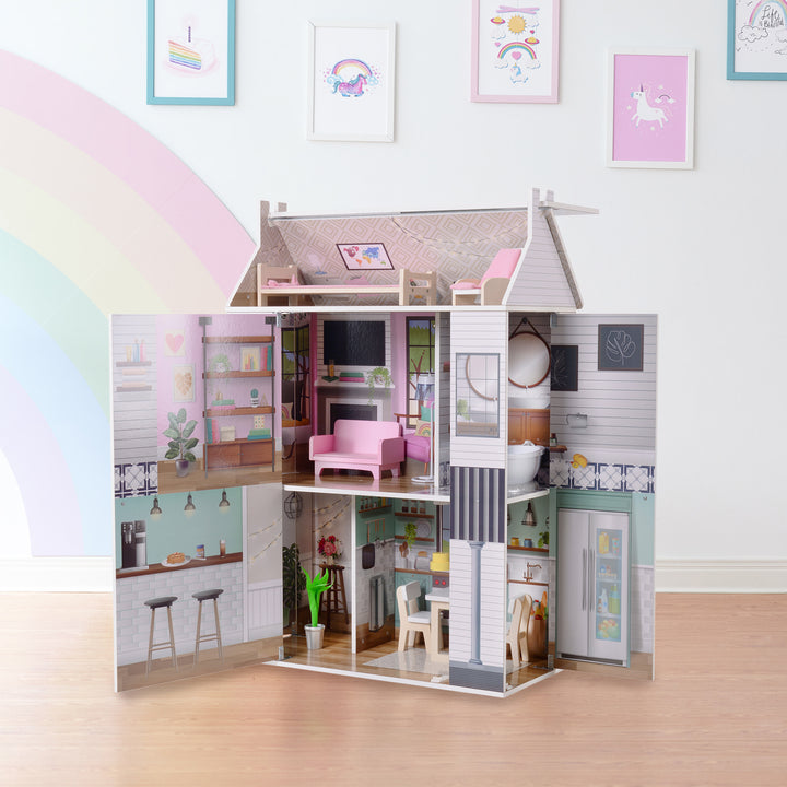 3-story dollhouse with sides open, fully illustrated, and furnishings.