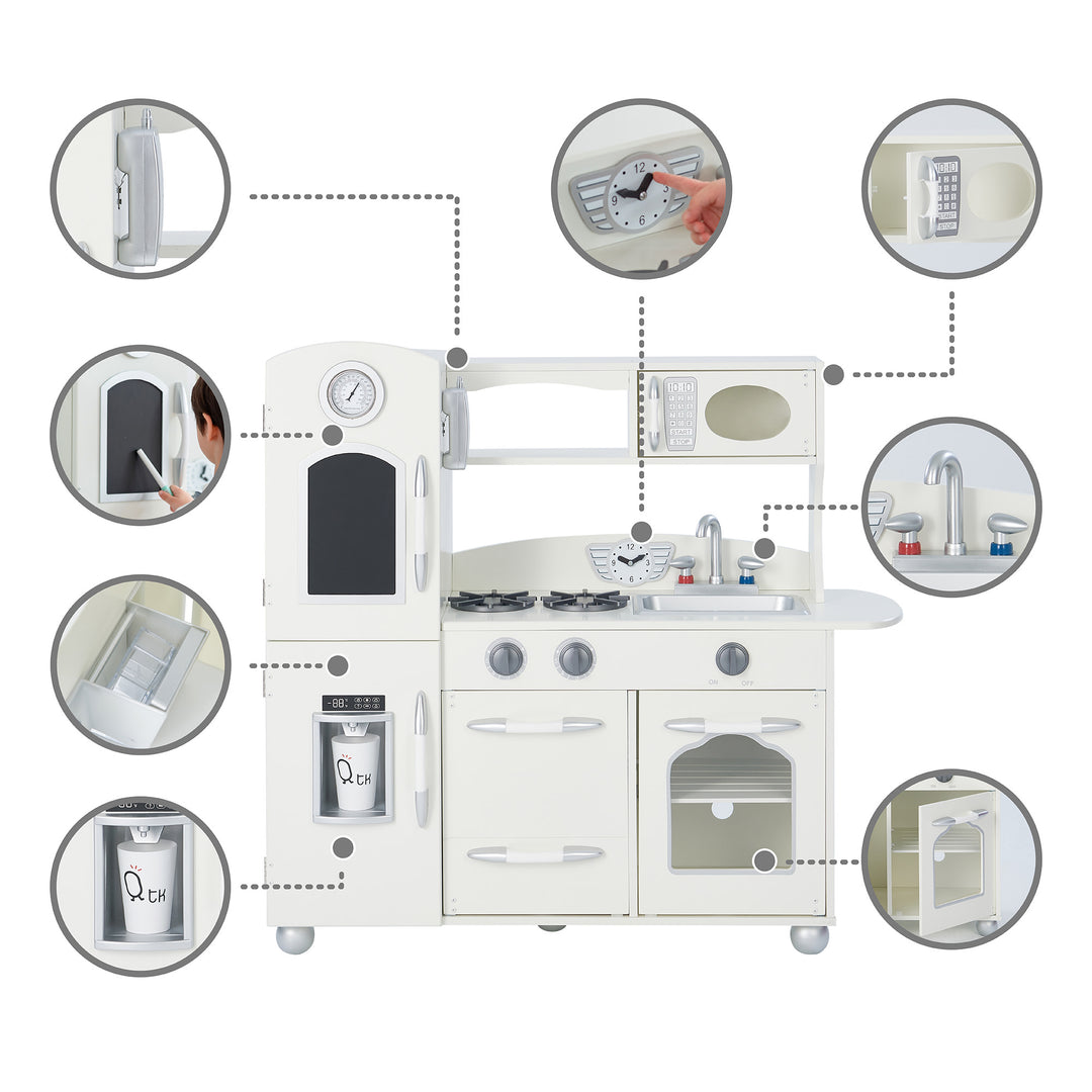 Exploded view of a Teamson Kids Little Chef Westchester Retro Kids Kitchen Playset, Ivory highlighting individual components, features, and an interactive toy telephone.