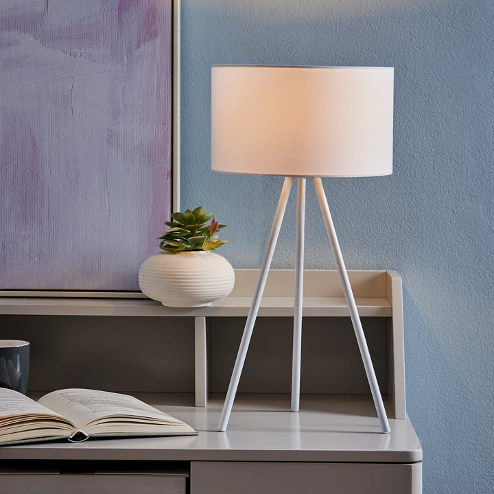 A Teamson Home 19.7" Eli Tripod Table Lamp with Drum Shade, White on a writing desk against a blue wall