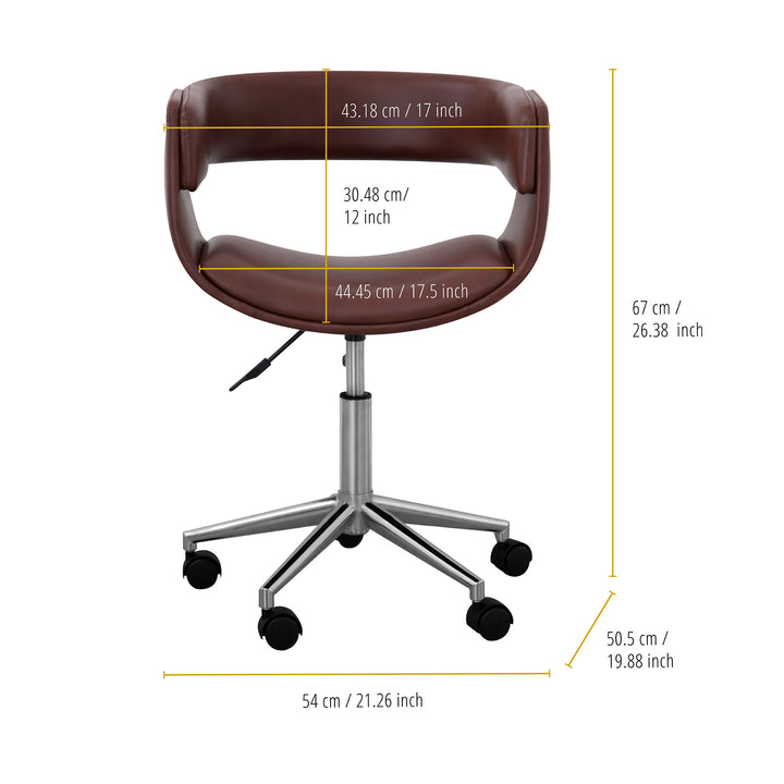 Dimensions in inches and centimeters for a Teamson Home's Faux Brown Leather Mid-Century Modern Adjustable Office Chair