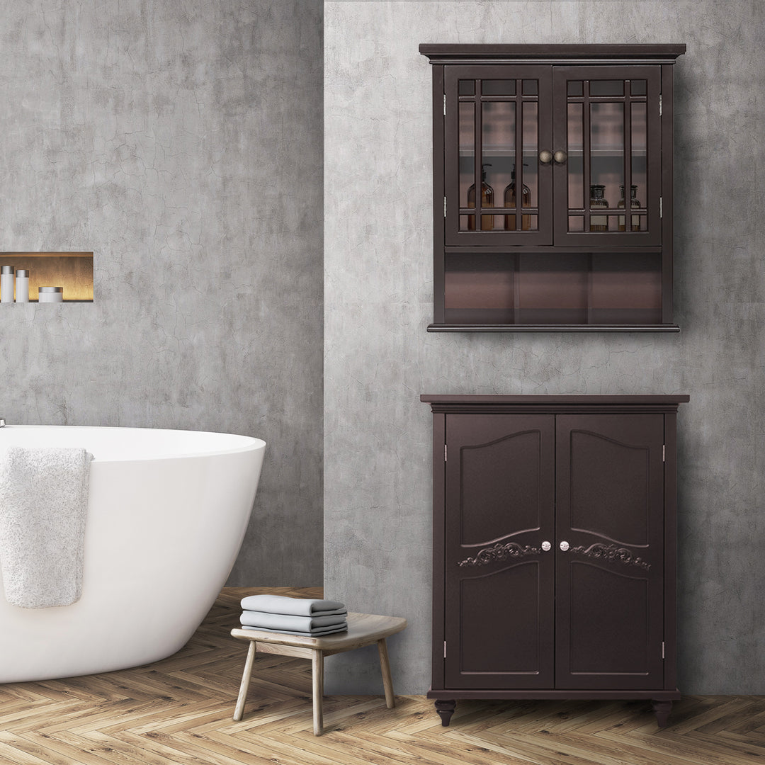 Teamson Home Dark Espresso Neal Removable Wall Cabinet mounted over a floor cabinet in a modern bathroom