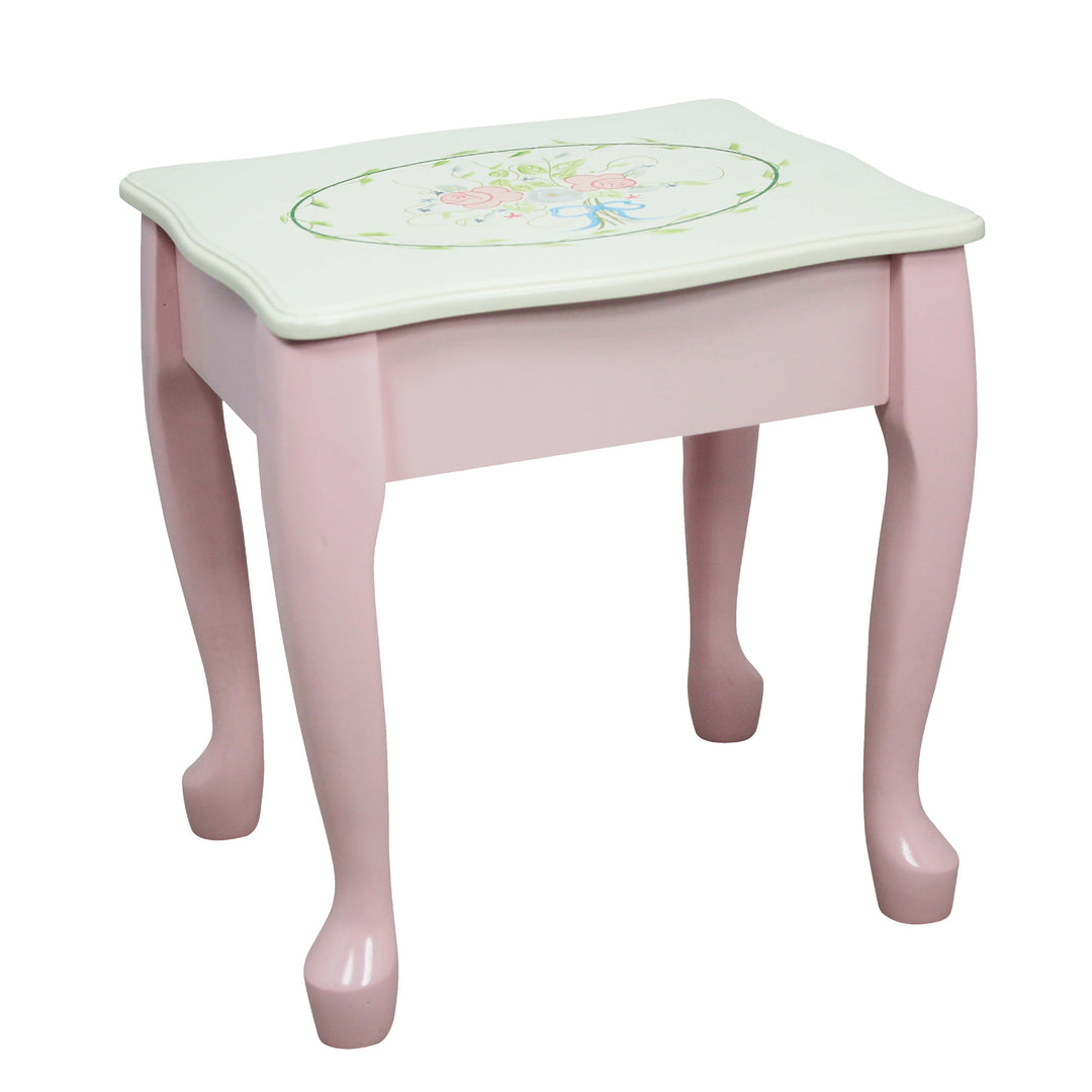 A Fantasy Fields Kids Furniture Play Vanity Table and Stool, Pink/White with a floral design on it.
