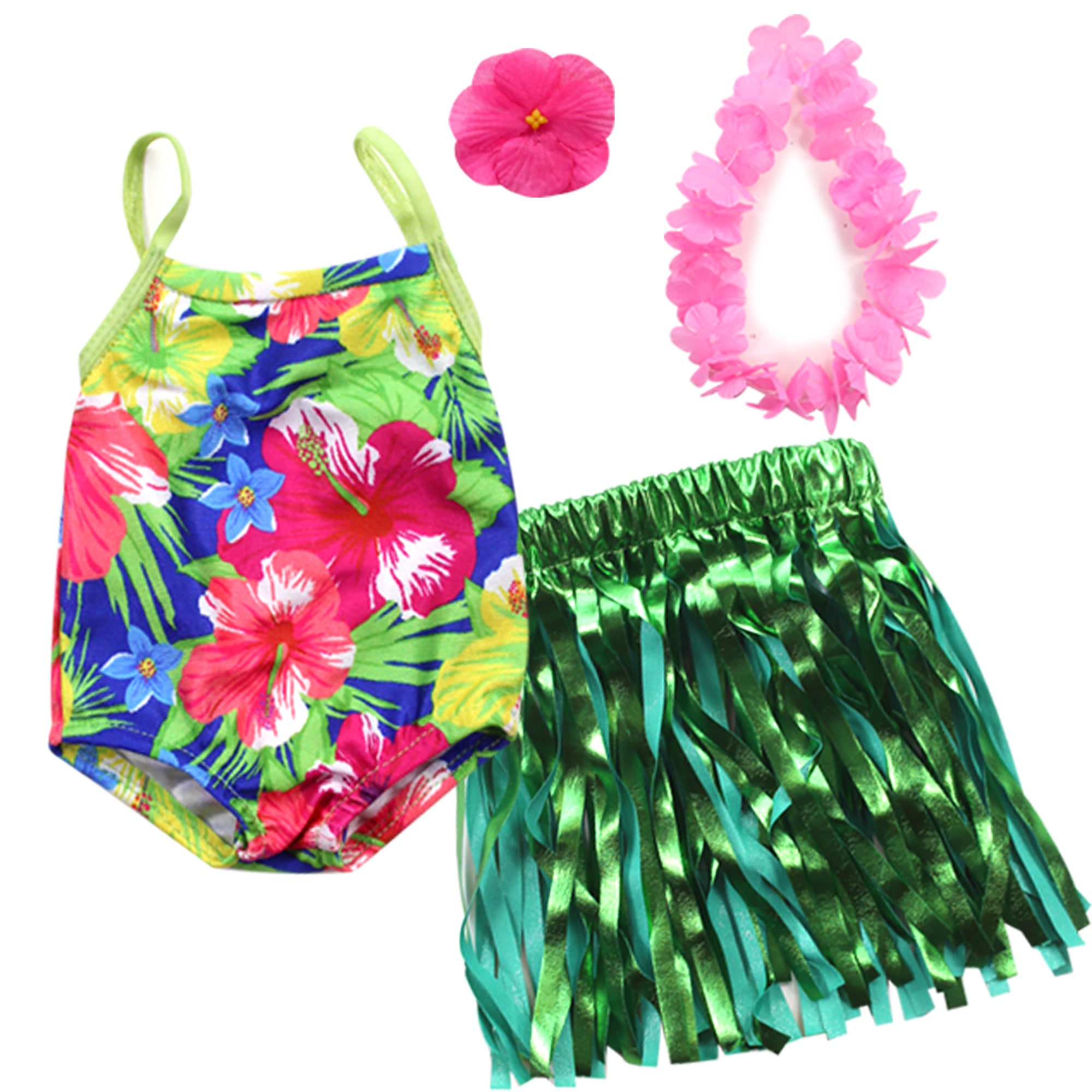Sophia's - 18" Doll - Hawaiian Floral Bathing Suit, "Grass" Skirt, Floral Lei & Flower Hair clip