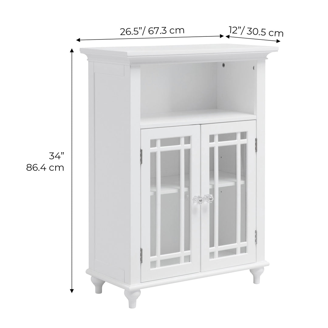A Teamson Home Craftsman Style Double Door Storage Floor Cabinet with dimensions in inches and centimeters