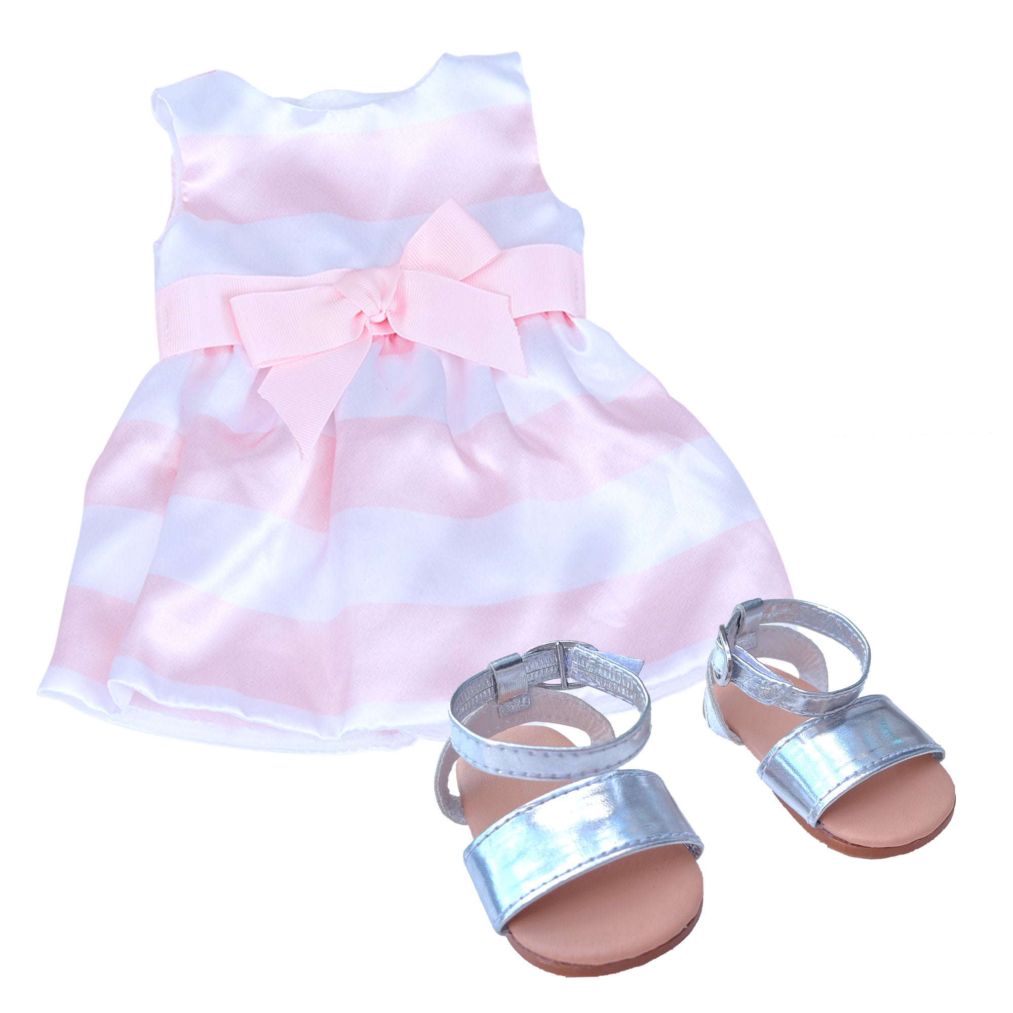 Sophia's Stripe Satin Party Dress and Ankle Strap Sandals for 18" Dolls, Pink/White
