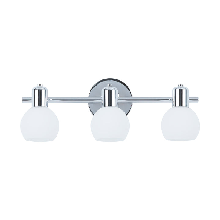 A view of the Teamson Home  3-Light Vanity Fixture with Frosted Globe Shades, Chrome head on