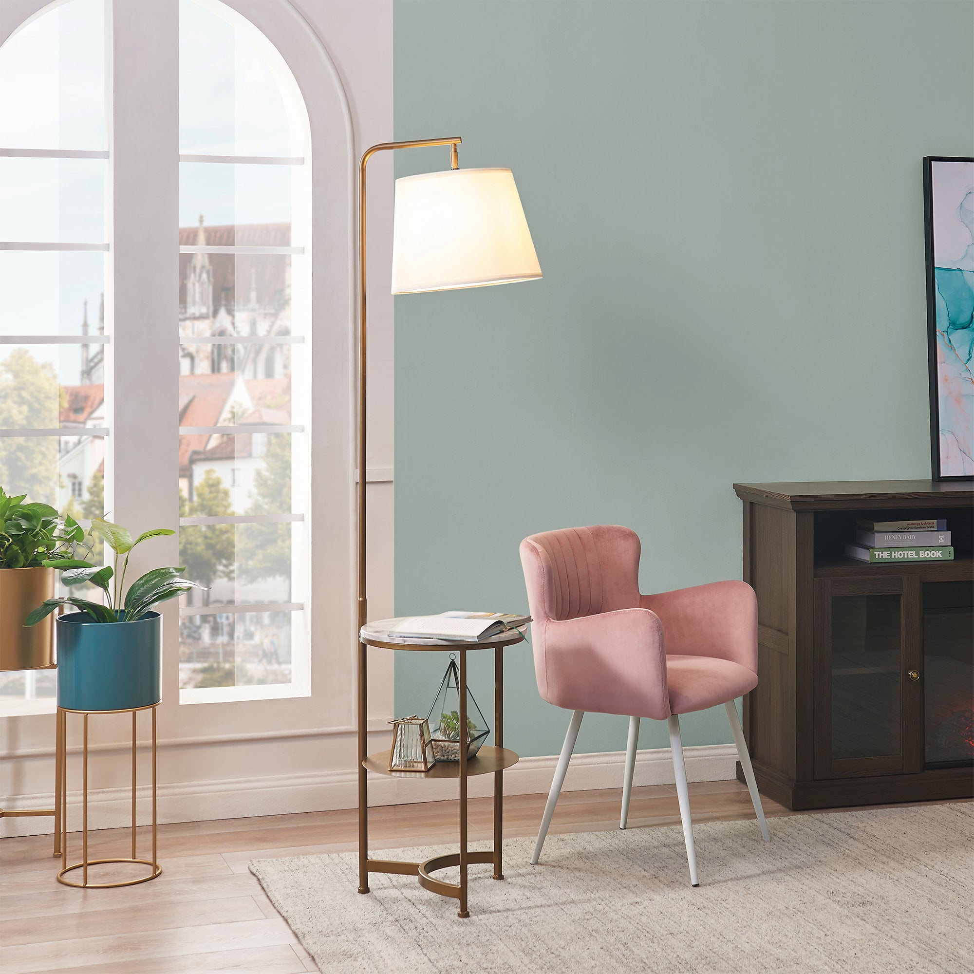 Teamson Home Lilah Floor Lamp with Faux Marble Tray Table and Built-In USB Port, White/Brass