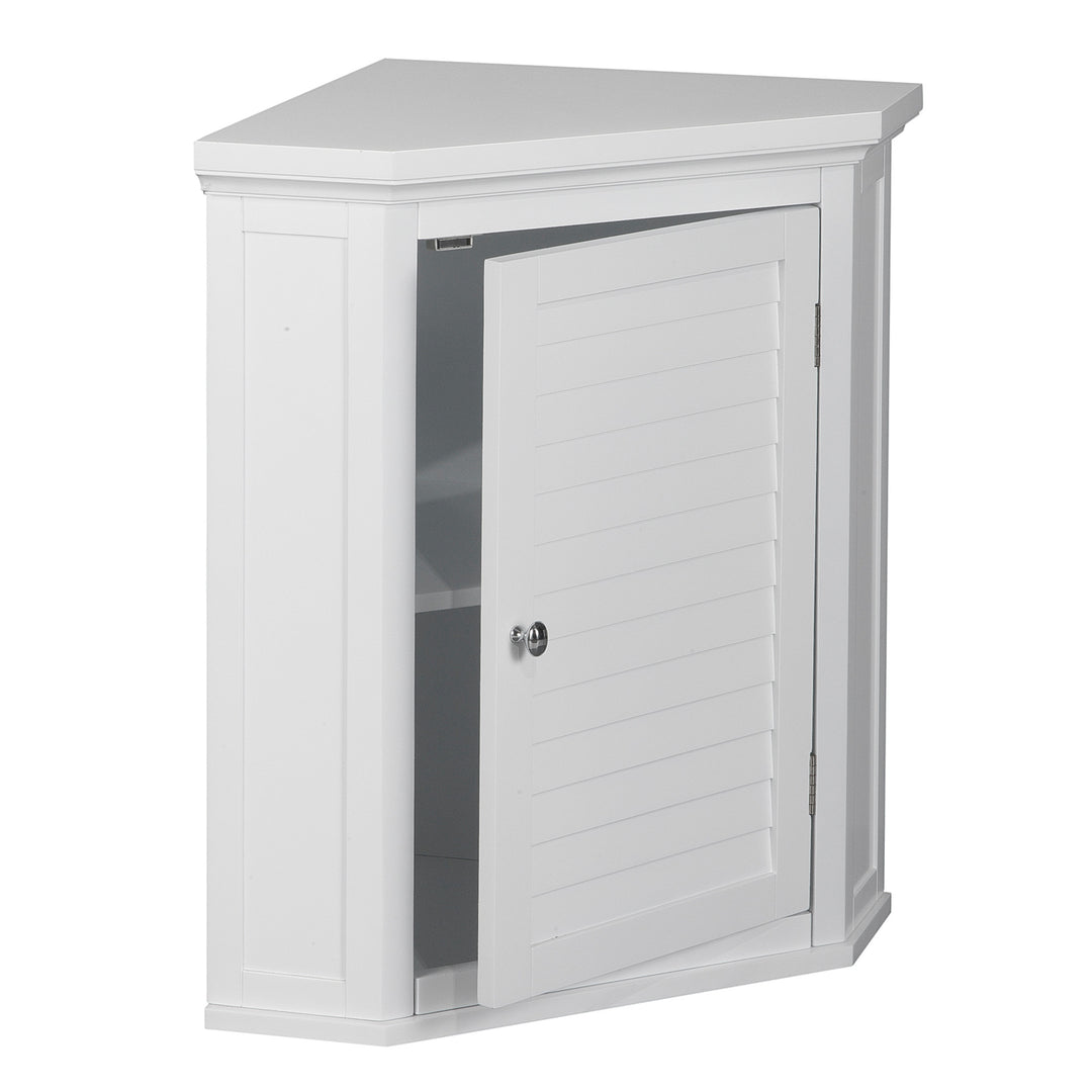 Teamson Home White Glancy Corner Wall Cabinet with Louvered Door with the door ajar