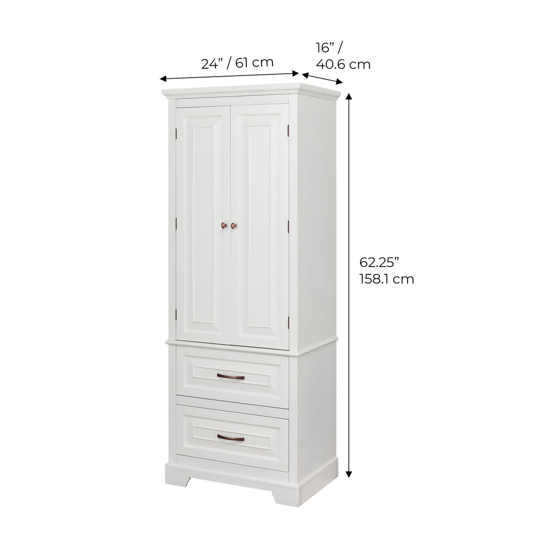 Teamson Home St. James Wooden Linen Tower Cabinet with 2 Drawers, White with dimensions labeled: height 62.5 inches, width 24 inches, depth 16 inches.