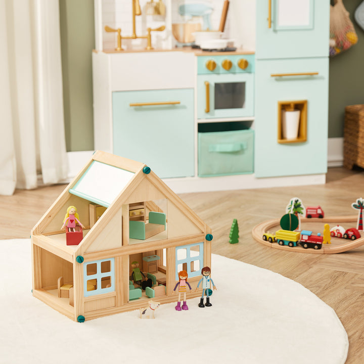 Olivia's Little World Buildable Wooden Dollhouse with 3.5" Doll People and Furniture, Tan/Sea Green