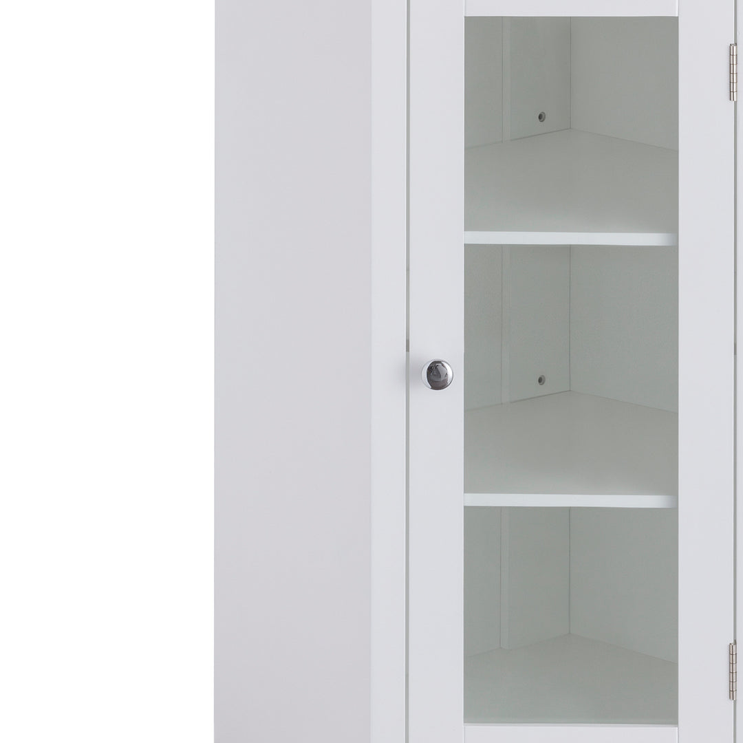 Teamson Home Madison Corner Floor Storage Cabinet, White with a close up of the shelves inside