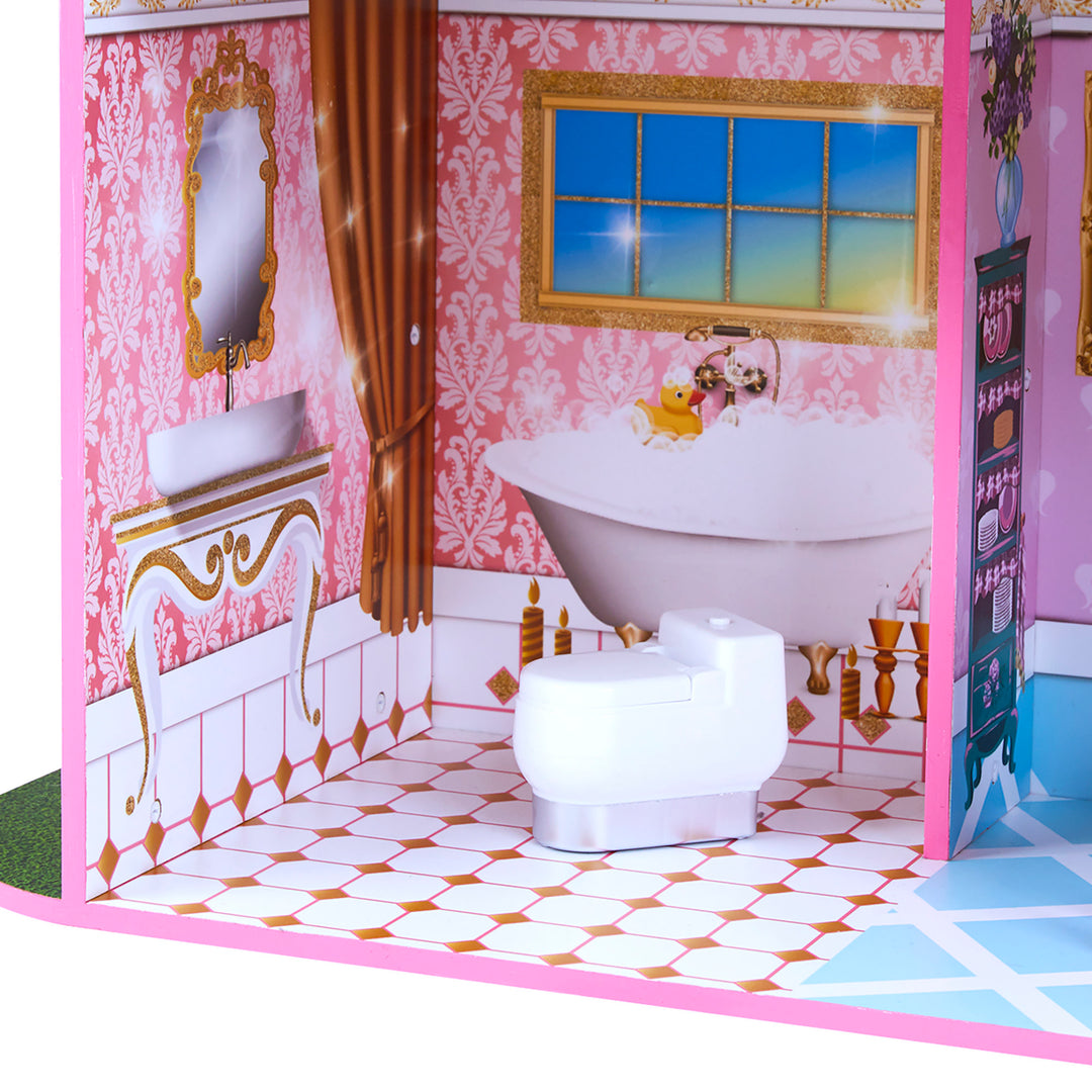 The bathroom with detailed illustrations including a bathtub, sink, ornate mirror and pink wallpaper. The toilet, which makes a flushing noise, is part of the accessories set.