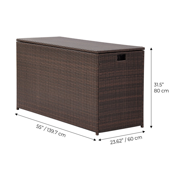 Dimensions in inches and centimeters for a Teamson Home Brown PE Rattan 154-Gallon Outdoor Deck Box