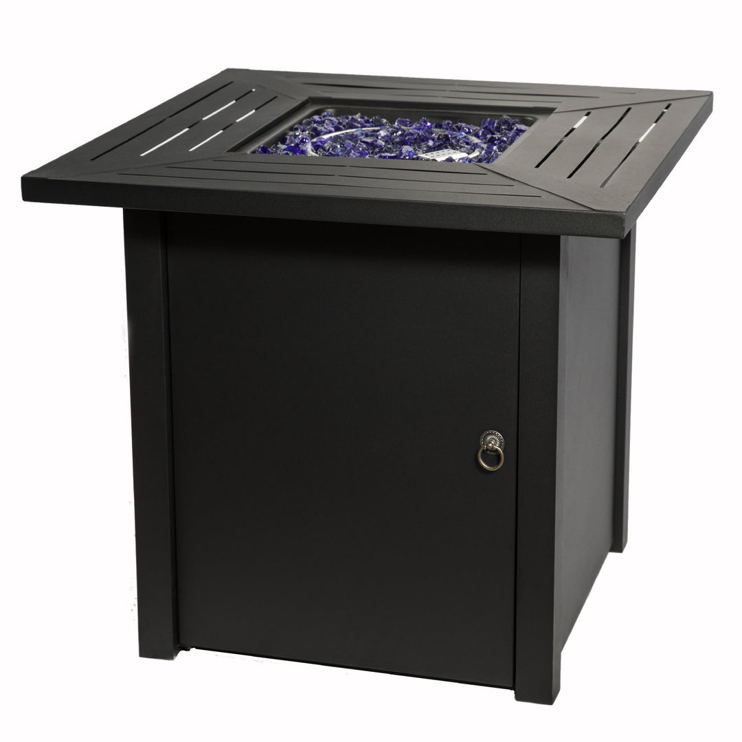Teamson Home Outdoor Square 30" Propane Gas Fire Pit with Steel Base with glass rocks on top.