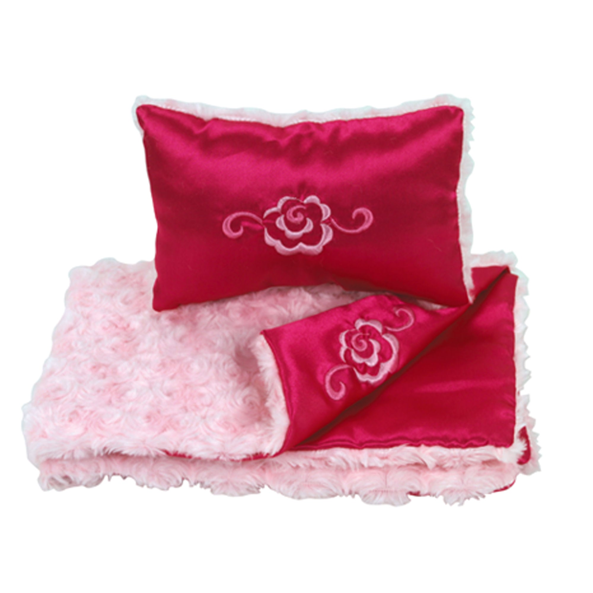 Sophia’s Luxuriously Soft Satin & Faux Fur Fleece Comforter & Pillow Doll Bedroom Décor Bedding Set for 18” Dolls, Hot Pink/Pink Rose