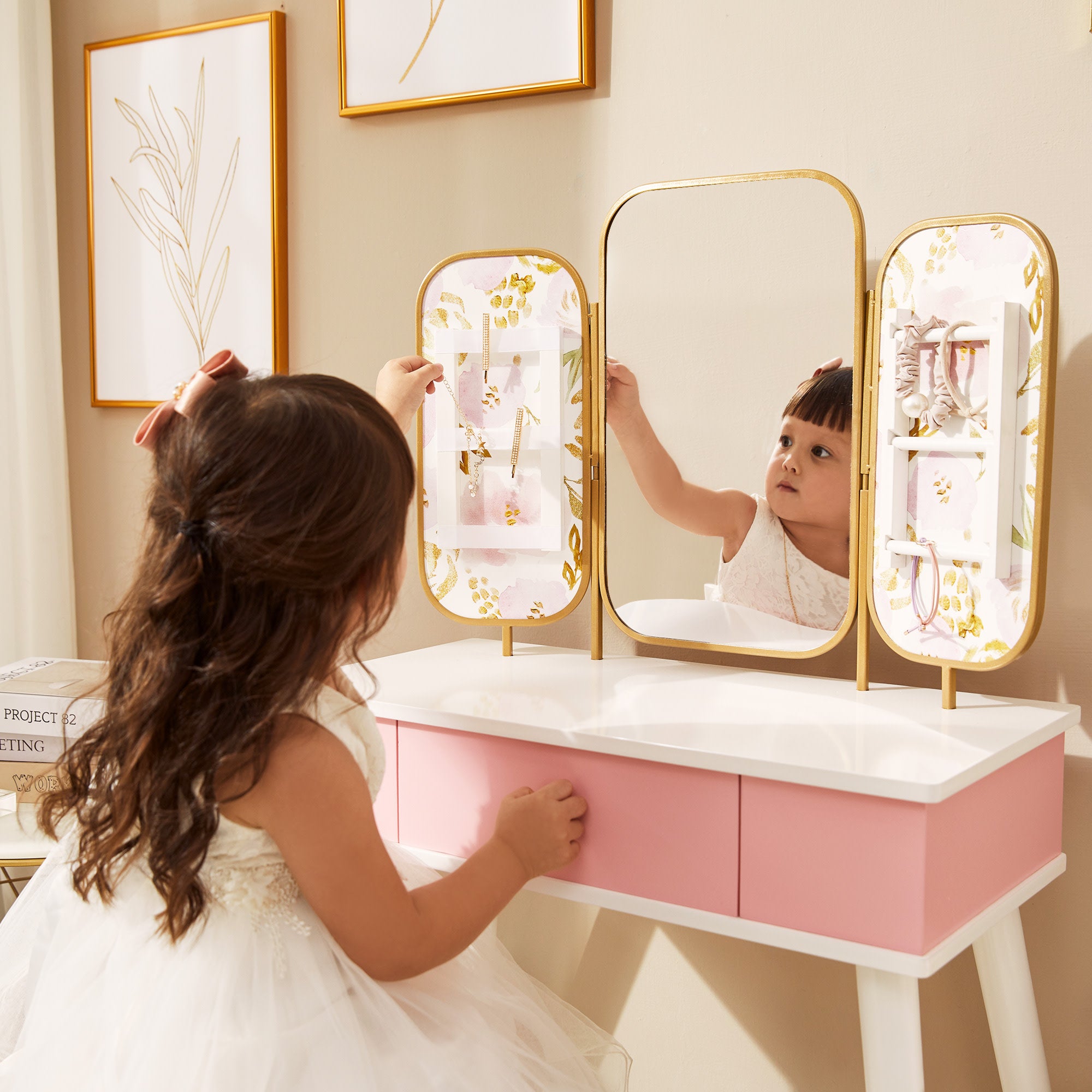 Fantasy Fields Little Lady Izabel Medium Floral Play Vanity Set with Matching Stool & Removable Faux Fur Cover, Floral Printed Panels, & Storage Drawer, White/Pink