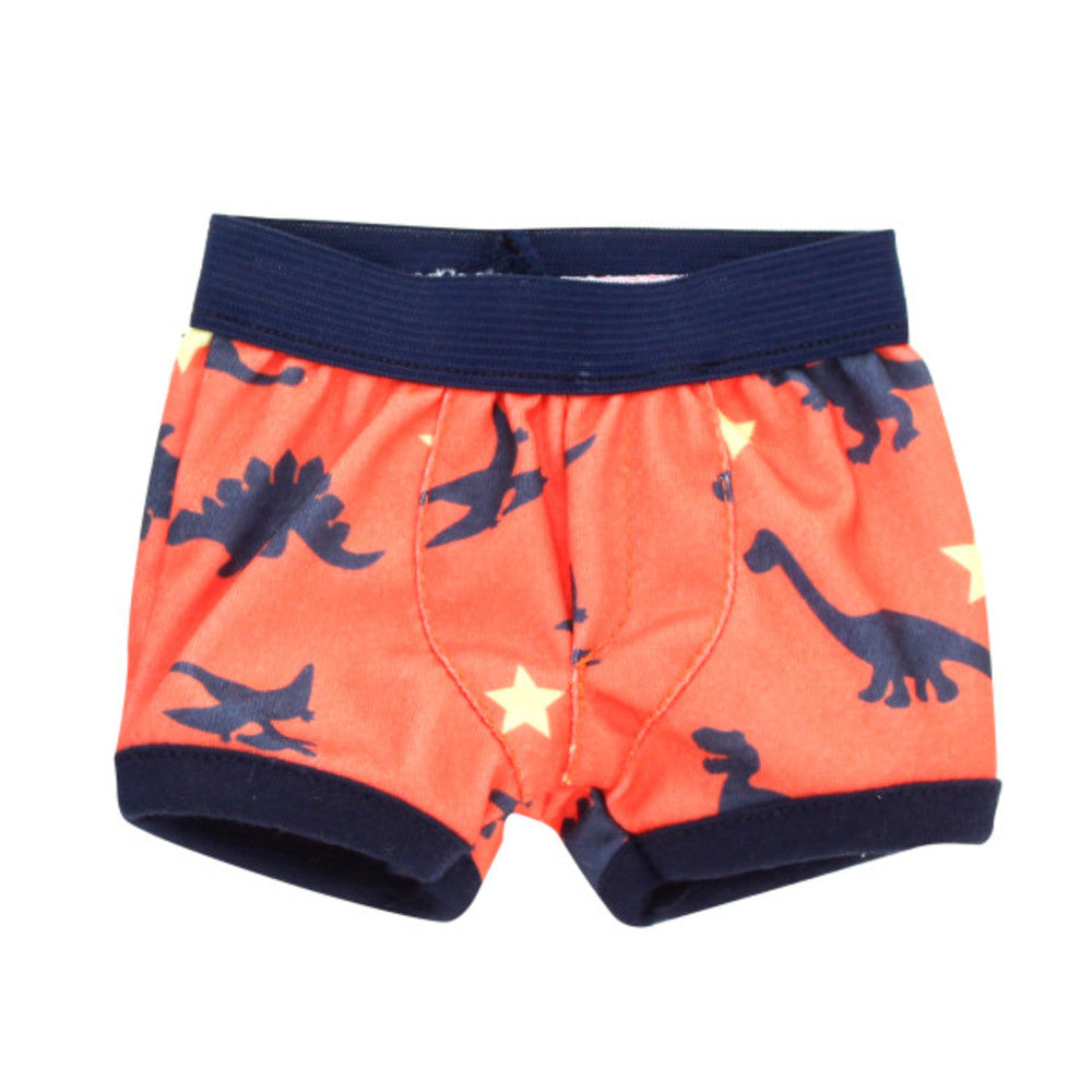 A boy's Sophia's Printed Brief Underwear Set for 18'' Dolls, with navy dinosaurs and yellow stars on an orange background.