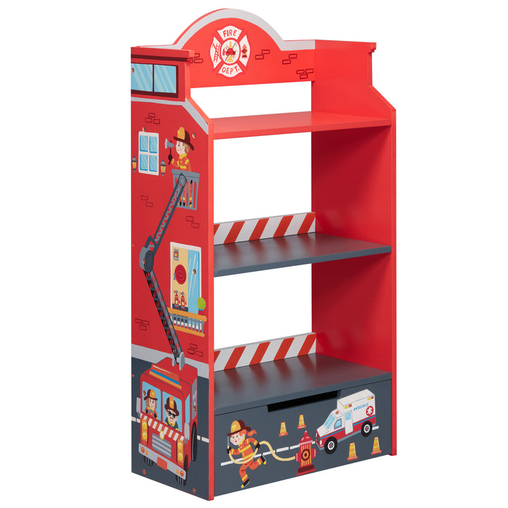 A Fantasy Fields Little Fire Fighters Bookshelf with Drawer, Red with a fire truck on it, designed as a storage solution for kids' books.