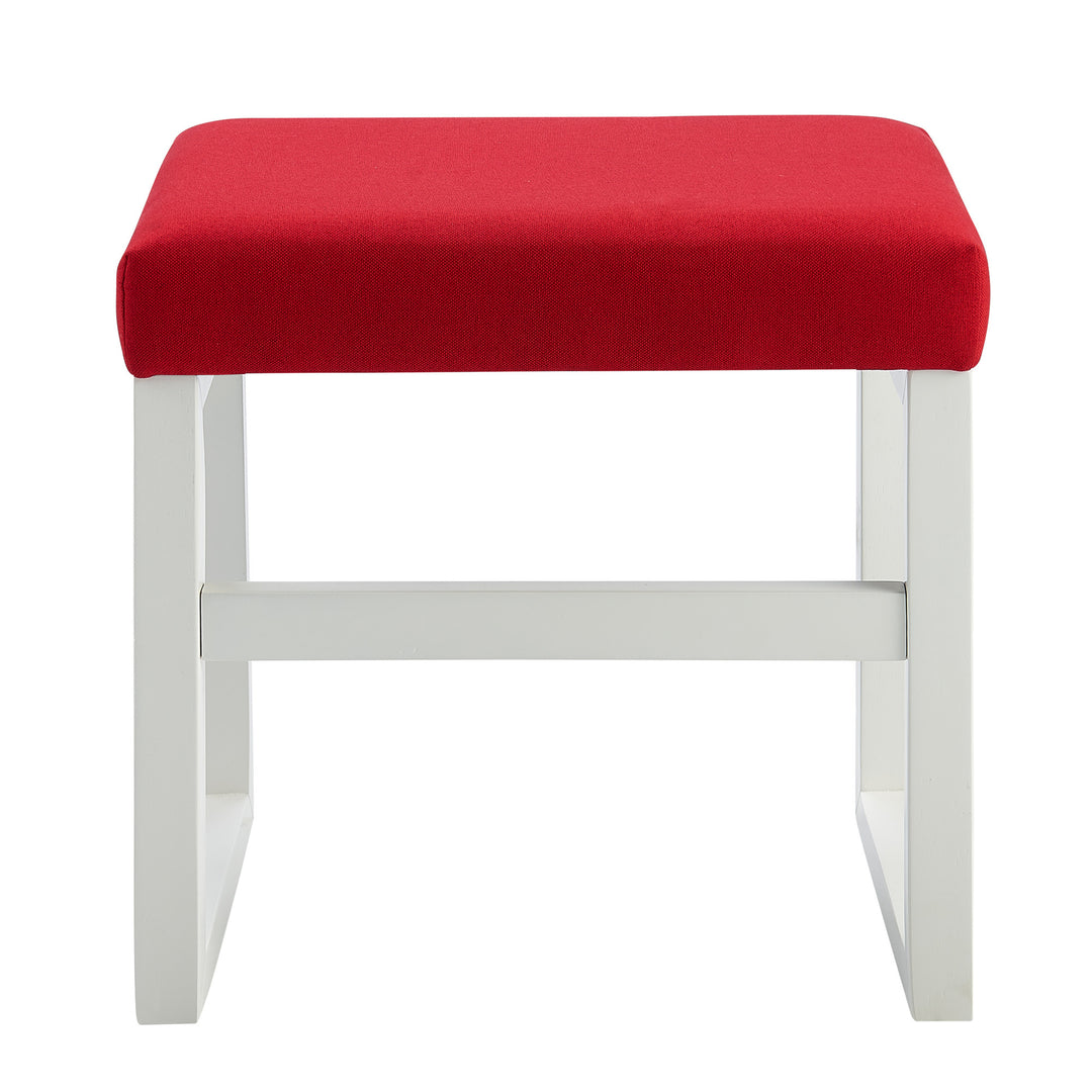 Teamson Home's Bellezza Kids Vanity Stool with a Coral Red cushion and White wooden frame.